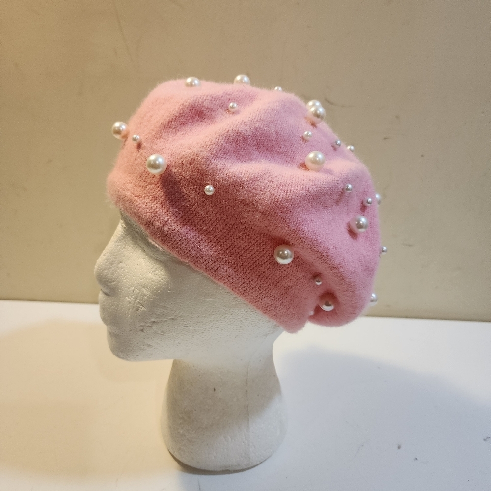 Pink Wool Beret with Pearl Embellishments